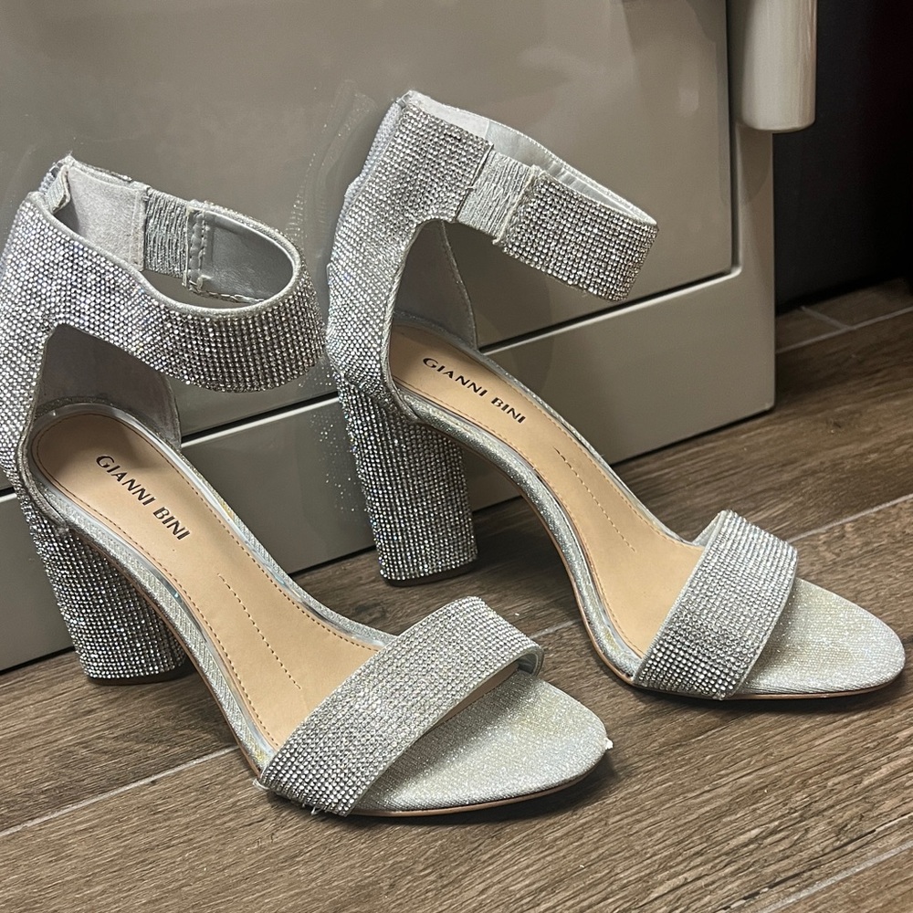 Gianni Bini Silver Sparkle Ankle-Strap Block Heels
